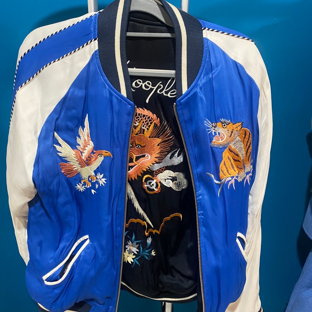 The Kooples: Reversible Blue Satin Jacket with Embroidery